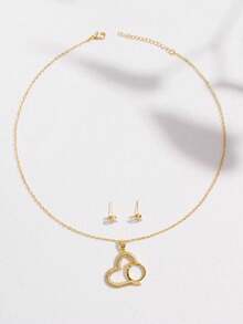 3入組/套銅質精美時尚閃亮鋯石心形和圓形吊墜項鍊耳環套裝，女士配戴，日常佩戴，母親節禮物 - A - 查看 9