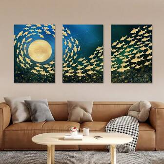 3pcs  Modern Art Schools Of Fish Moon Starry Sky Vintage Gifts Bedroom Living Room, Corridor Wall Art Wall Decoration Winter Decoration Wall Decoration Room Decoration,NO Frame