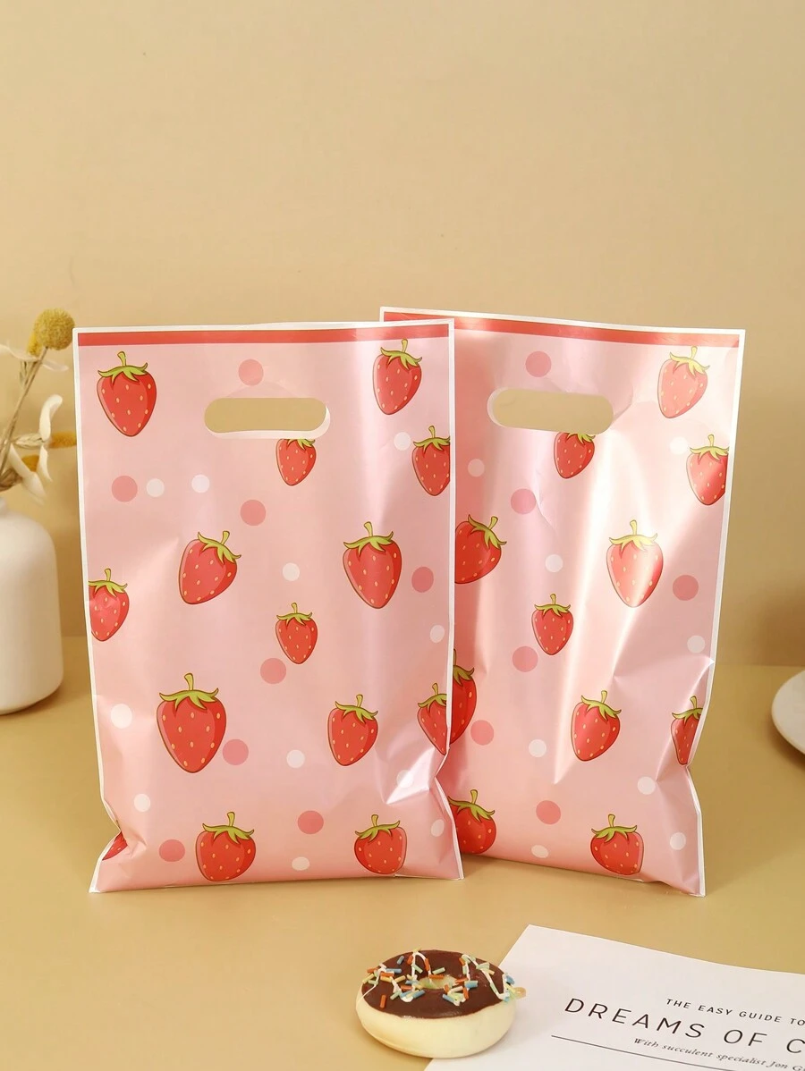 10/20/50pcs 16.5*25cm Strawberry Print Gift Bags,Plastic Party Candy Bags With Handles,Multi-Purpose Gift Wrapping Supplies Goodie Bag For Gender Reveal Strawberry Theme Birthday Family Holiday Party, Suitable For Boutique Stores, - Multicolor - View 1