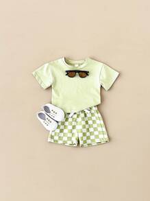 夏季寶寶男童休閒純色T恤和棋盤印花短褲