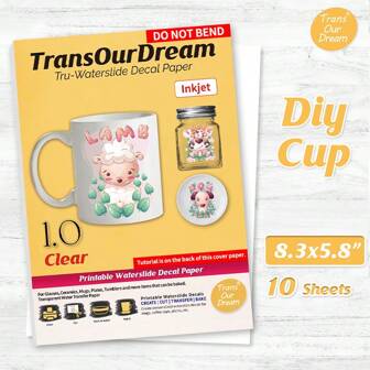 TransOurDream Water Slide Decal Paper For Inkjet Printer CLEAR (10 Sheets, 8.3*5.8inch) Transparent Waterslide Transfer Paper Printable Waterslide Paper For Tumblers, Mugs, Glasses