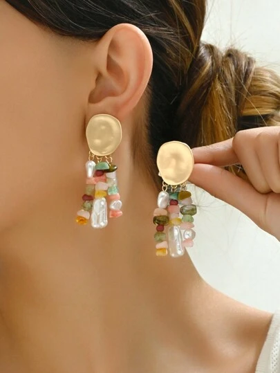 2 件时尚多彩欧式复古风格树脂小宝石多色多巴胺巴洛克珍珠流苏夹式耳环，耳钉可选，适合优雅女士日常搭配任何服装