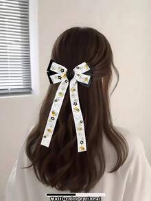 1入組女孩雙層蝴蝶結髮夾，帶有蜜蜂印花，夏季可愛時尚百搭髮飾，適用於最好的朋友、街頭風格、露營、學校季節