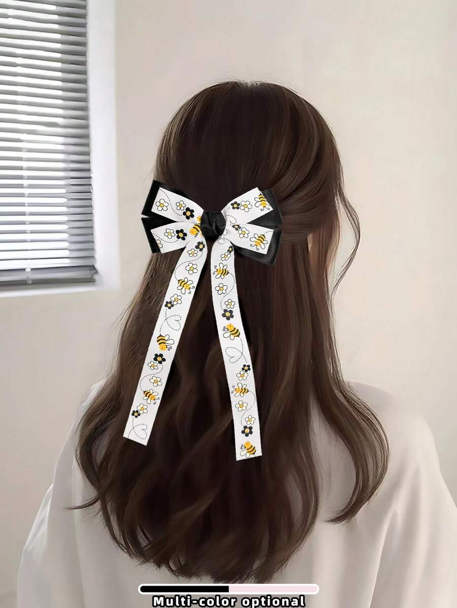 1入組女孩雙層蝴蝶結髮夾，帶有蜜蜂印花，夏季可愛時尚百搭髮飾，適用於最好的朋友、街頭風格、露營、學校季節