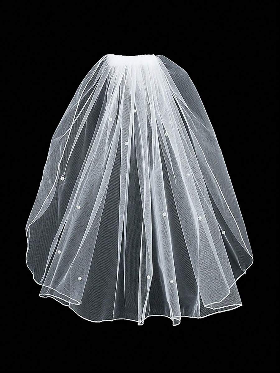 1pc Elegant White Faux Pearl Bridal Veil, Bridal Hairpiece With Comb For Bachelorette Party, Wedding Decoration And Photoshoot Prop,Christmas - White - View 1