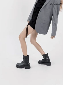 Botas De Mujer De Tacón Grueso Con Cordones Para Otoño E Invierno, Botas Derby Negras Con Cordones Y Cremallera Interior Extraíble, Puntera Cuadrada De Alta Calidad, Plataforma De Color A Juego, Cremallera Lateral, Cómodas Y Antideslizantes, Botas De Motorista, Adecuadas Para El Uso Diario De Las Mujeres, Elegantes Y Que Aumentan La Altura. - negro puro - Ver 6