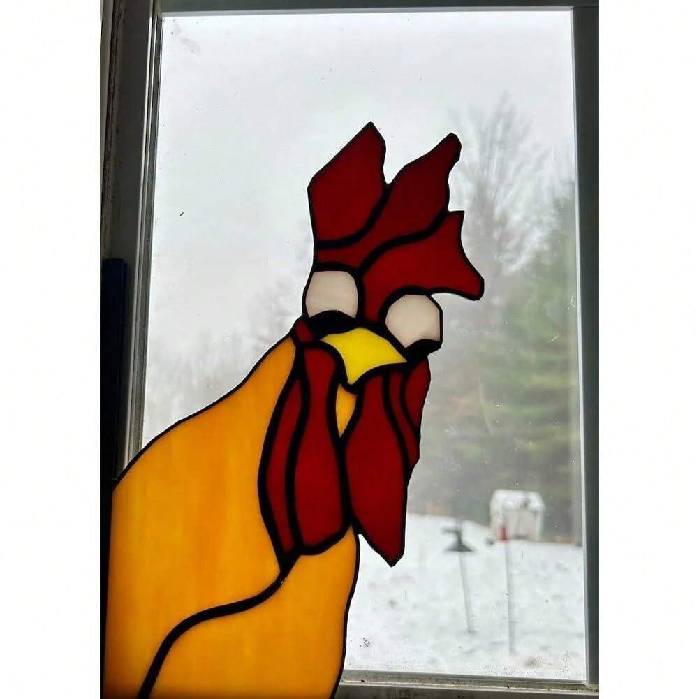 Funny Window Corner Decor Peeping Rooster, Funny Rooster Stained