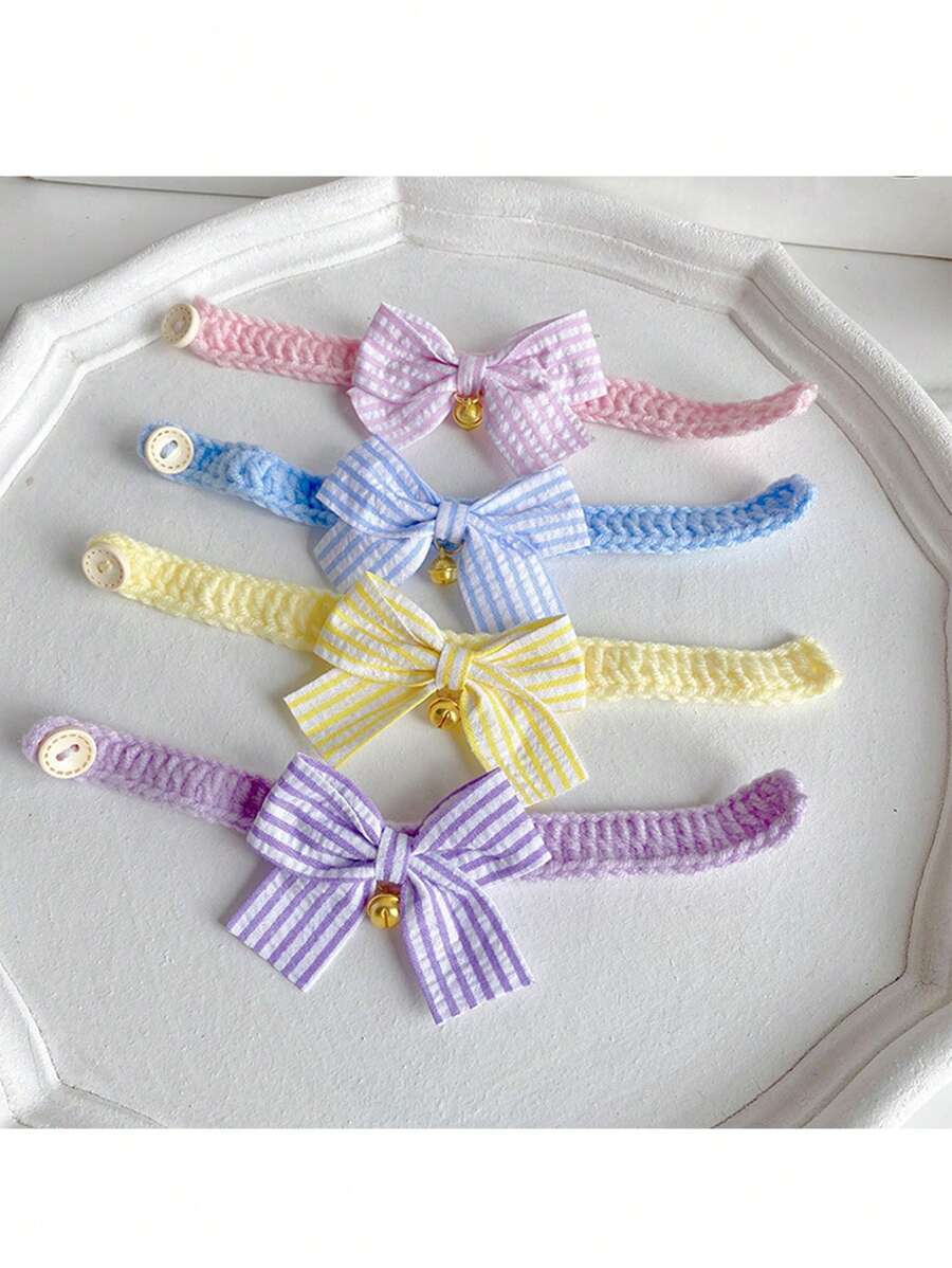 1pc Handmade Knitted Pet Collar With Colorful Bowknots For Cats And Dogs, Small Size - Multicolor - View 1