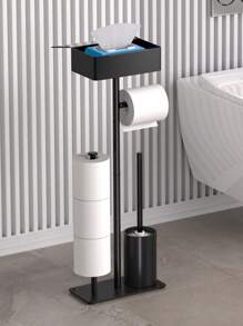 1pc Vertical Toilet Paper Holder With Toilet Brush, Freestanding Toilet Paper Roll Dispenser, Bathroom Storage Rack, Large Capacity Black Tissue Holder Bathroom Accessories Bathroom Tools - Black - View 1