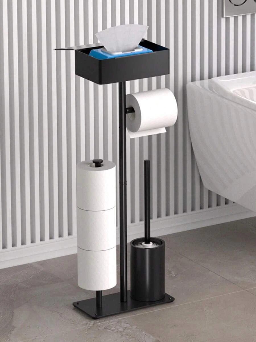 1pc Vertical Toilet Paper Holder With Toilet Brush, Freestanding Toilet Paper Roll Dispenser, Bathroom Storage Rack, Large Capacity Black Tissue Holder Bathroom Accessories Bathroom Tools - Black - View 1