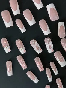 24 件/套中长法式 3D 仿珍珠蝴蝶结芭蕾风格可拆卸全覆盖假指甲片适合女孩/女士的日常生活。派对。旅行和其他装饰用途 + 1 件果冻凝胶 + 1 件指甲锉。 - 彩色 - 查看 4