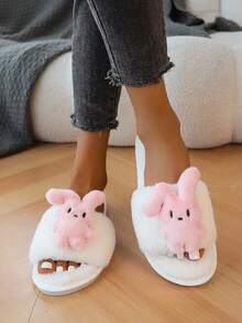 Cute Cartoon Plush Folded Ear Rabbit Women's Indoor/Outdoor Slipper, Open Toe And Anti-Slip - White - View 5