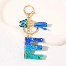 1pc Blauw Informeel Dames Schattig Kwastje Vlinderhanger Sleutelhanger Gradiënt Pailletten Letter Sleutelhangerhanger met glitter, Eerste detail - Geschikt als cadeau voor vrienden