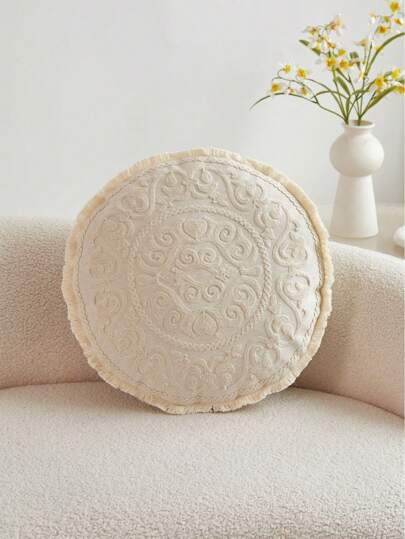 1pc Round Embroidered Floral Cushion Cover, Suitable For Indoor Decoration, Round Pillow Cover For All Seasons, Without Insert