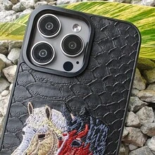 帶有動物圖案蛇圖案的3D刺繡馬手機殼,兼容iPhone 11 13 15 Pro Max的皮革手機套 - 彩色 - 查看 6