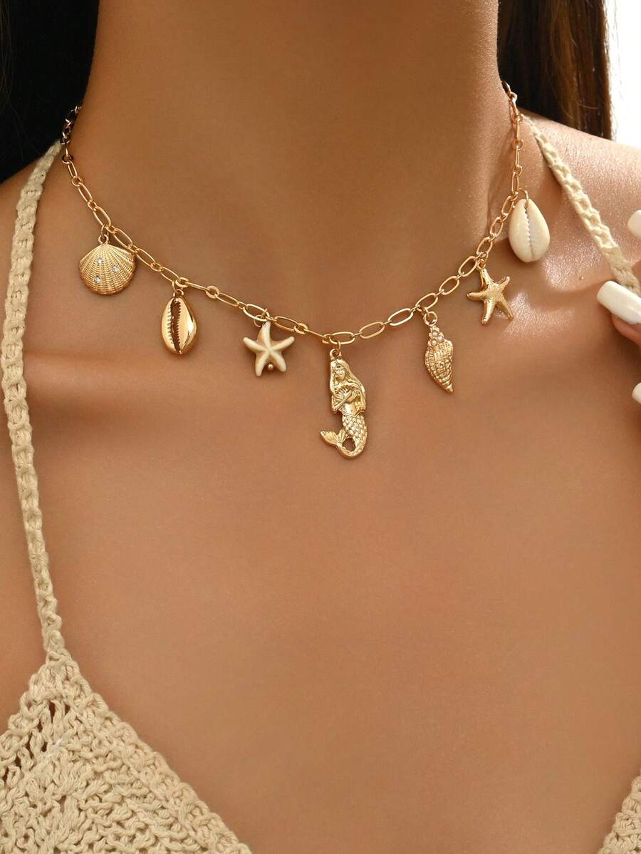 1 chiếc vòng cổ có nhiều mặt dây chuyền vỏ sò thời trang, sao biển và nàng tiên cá, phong cách đi biển