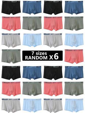 6pcs Random Men's Underwear, 'HELLO' Printed Fashionable Ice Silk Plus Size Breathable & Comfortable Men's Boxer Shorts
