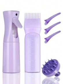 6入組洗髮護髮套裝，包括噴霧式連續噴霧瓶（200ml）、矽膠頭皮按摩器、洗髮刷、根梳塗抹瓶、帶夾子的頭皮按摩洗髮刷、劑量標記的染髮塗抹瓶