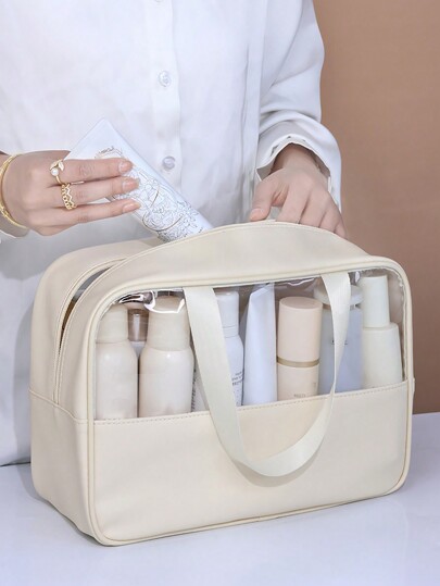1pc Beige PU Leather Clear Wash Bag With Zipper, Portable Waterproof Organizer Toiletry Travel Bag Large Capacity Multi-Function Transparency PVC Storage Makeup Bag For Bathroom Portable Swimming Fitness Bag Tropical Coastal Vibes Beach Bag For Men And Women Back To School Supplies