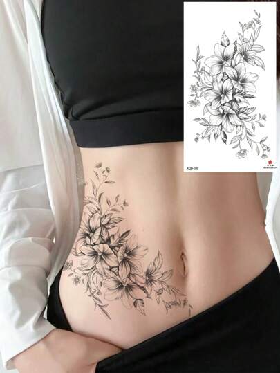 1 Piece Large Black Floral Temporary Tattoo, Waterproof, Suitable For Women And Girls Body Art