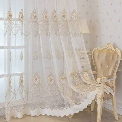 1pc European Luxurious Embroidered 3D Floral Transparent Curtain Rod Wear Home Decoration For Bedroom, Dining Room And Living Room