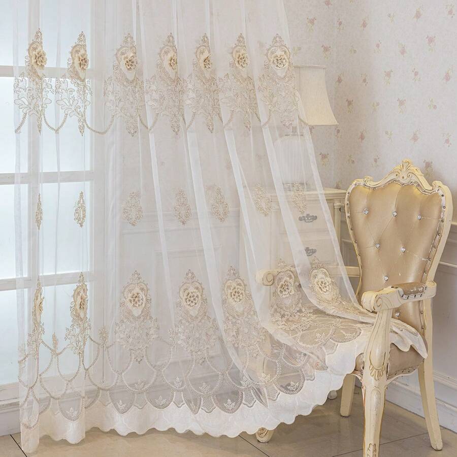 1pc European Luxurious Embroidered 3D Floral Transparent Curtain Rod Wear Home Decoration For Bedroom, Dining Room And Living Room - Gold - View 1