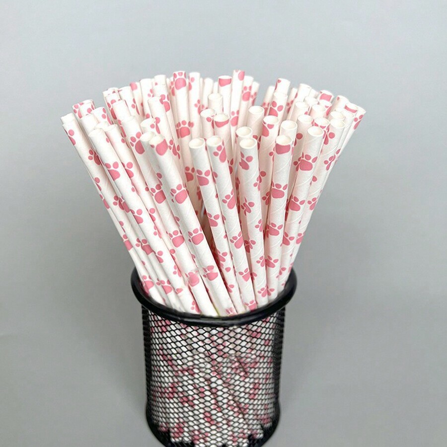 100pcs Paper Straws With Black & White Cat Paw & Whisker Design, Party