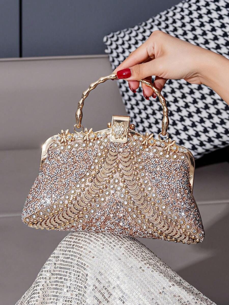 Rhinestone Decorated Metal Handle Clutch Purse, Luxury Elegant Party Handbag For Women Weddings, - Champagne - View 1