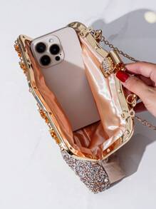 Rhinestone Decorated Metal Handle Clutch Purse, Luxury Elegant Party Handbag For Women Weddings, - Champagne - View 7