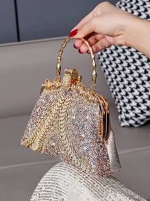 Rhinestone Decorated Metal Handle Clutch Purse, Luxury Elegant Party Handbag For Women Weddings, - Champagne - View 5