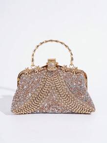 Rhinestone Decorated Metal Handle Clutch Purse, Luxury Elegant Party Handbag For Women Weddings, - Champagne - View 2