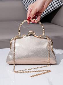 Rhinestone Decorated Metal Handle Clutch Purse, Luxury Elegant Party Handbag For Women Weddings, - Champagne - View 8
