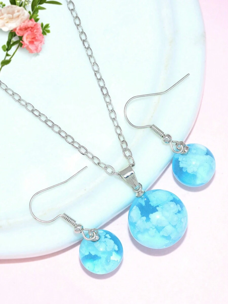 Conjunto elegante de collar y aretes de cielo azul y nubes blancas para mujeres - Collar+pendientes - Ver 1