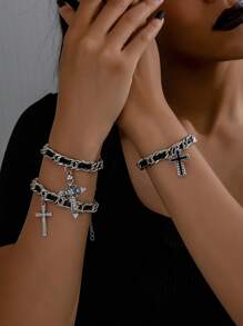 3款哥德暗黑風格鏈條和繩索交叉吊墜時尚女士手鍊 - 復古銀色 - 查看 13