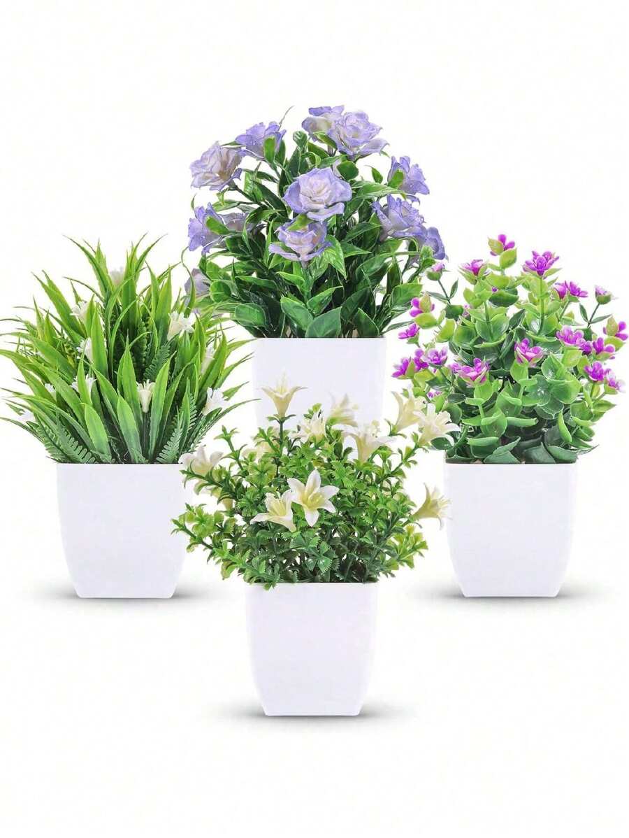 4 件盆栽人造迷你植物，小型假花，适合家居装饰，室内使用 - 适用于窗户、浴室、墙壁、书桌、办公室、厨房、农场、情人节派对装饰、情人节、生日毕业礼物、花园装饰、户外植物、园艺、假花 - 多色 - 查看 1