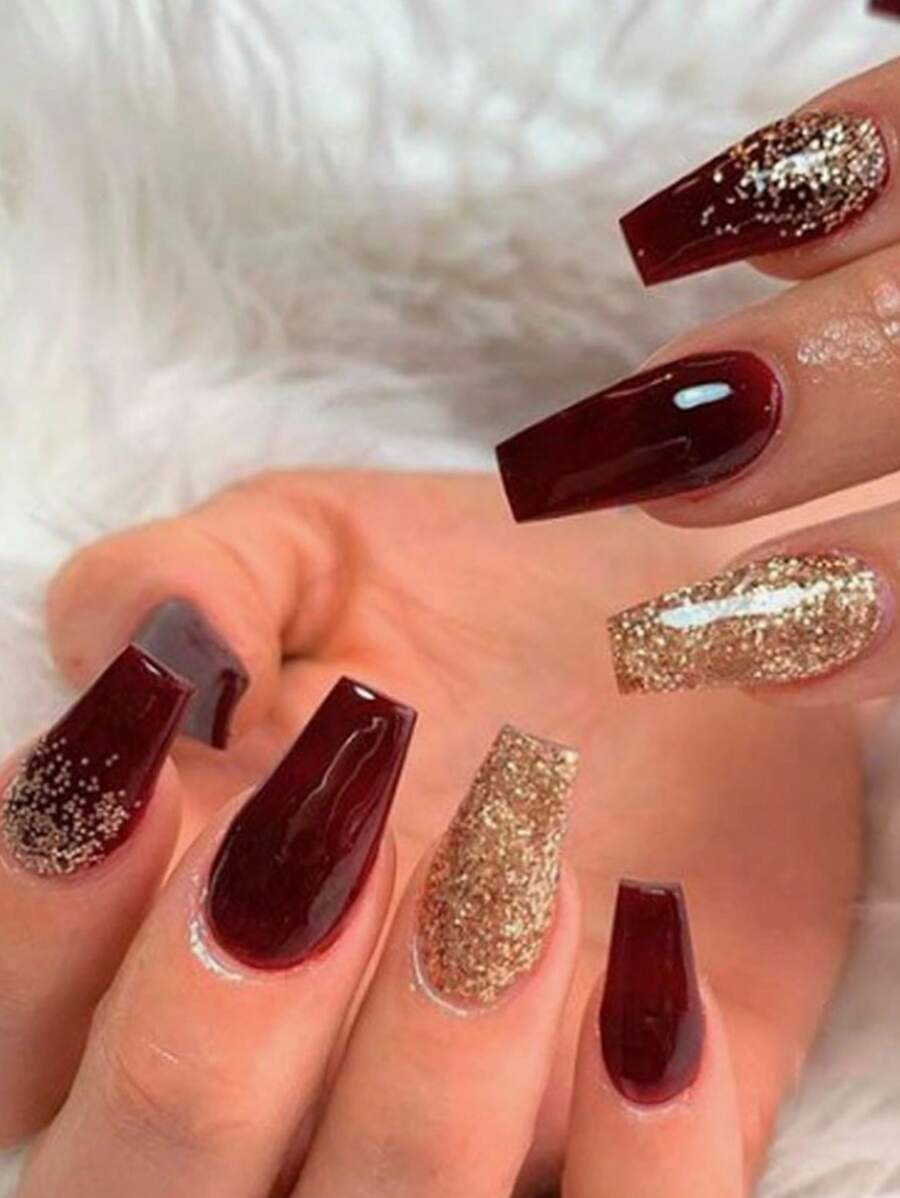 24 piezas Uñas postizas tridimensionales de color burdeos y dorado con forma de bailarina y polvo dorado brillante, perfectas para bodas, longitud media-larga - Rojo - Ver 1