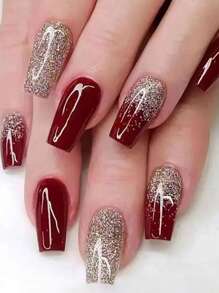 24 piezas Uñas postizas tridimensionales de color burdeos y dorado con forma de bailarina y polvo dorado brillante, perfectas para bodas, longitud media-larga - Rojo - Ver 3