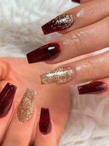 24 piezas Uñas postizas tridimensionales de color burdeos y dorado con forma de bailarina y polvo dorado brillante, perfectas para bodas, longitud media-larga - Rojo - Ver 2