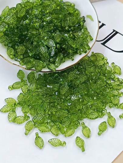 200pcs Miniature Green And Transparent Leaves Shaped Pendant With Hole, DIY Jewelry Making Supplies For Earrings And Necklaces