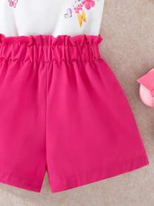 Young Girl Floral Flutter Sleeve Top And Solid Color Shorts Summer Casual Outfit
