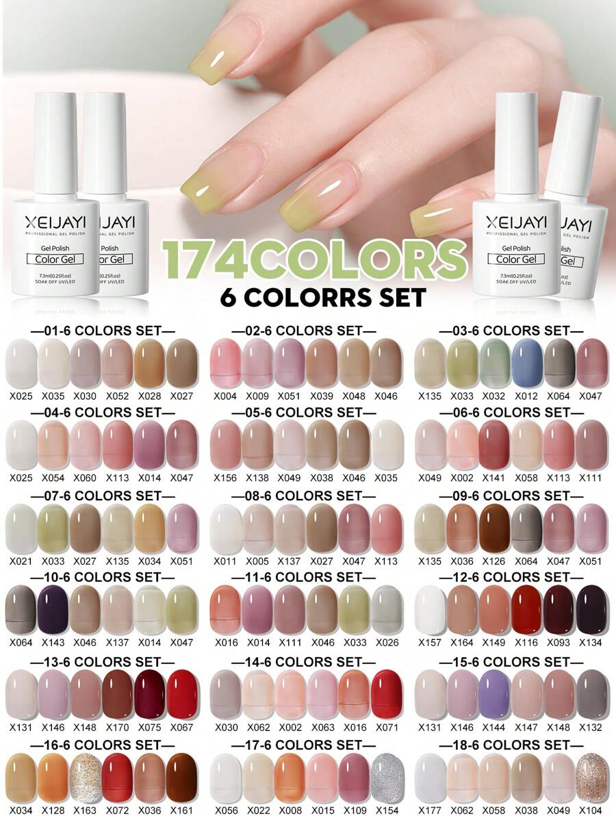 XEIJAYI 1支装 7.3毫升 凝胶指甲油入门套装 6色 黑色 白色 粉色 绿色 可卸除免擦拭凝胶指甲油套装 适合所有季节