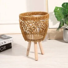 1pc Woven Flower Pot Rack Imitation Rattan Floor-Standing Shelving Unit For Living Room And Balcony, Indoor Bamboo Woven Flower Basket Plant Holder