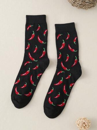 1 par de calcetines de media caña con diseño de chili picante, versátiles y cómodos para hombres, para el otoño