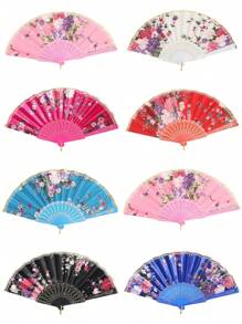 1pc Decorative Printed Fabric Fan With Gold Lace, Foldable And Portable For Dancing - Multicolor - View 1