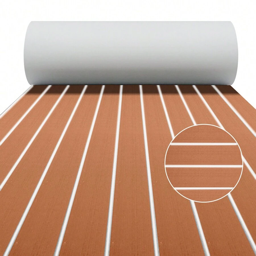 1入組船墊EVA發泡橡膠甲板套裝，適用於遊艇甲板，14.96" X 94.48" (38cm X 240cm)，可自行黏貼，防水防滑，適用於戶外遊艇、皮艇、單板滑雪、RV野營車、游泳池、花園等 - 38x240CM - 棕色加白色接縫 - 查看 1