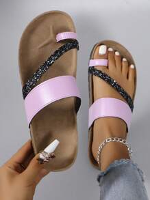 2022 Summer New Women's Purple Casual Flat Sandals With Toe Poet - Pink - View 3