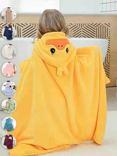 1pc Yellow Kid's Bath Towel, Cute Fabric Cartoon Detail Kids Hooded Bath Towel For Bathroom