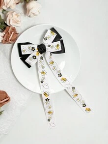1入組女孩雙層蝴蝶結髮夾，帶有蜜蜂印花，夏季可愛時尚百搭髮飾，適用於最好的朋友、街頭風格、露營、學校季節