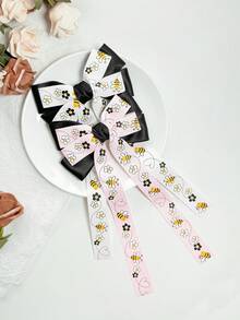 1入組女孩雙層蝴蝶結髮夾，帶有蜜蜂印花，夏季可愛時尚百搭髮飾，適用於最好的朋友、街頭風格、露營、學校季節