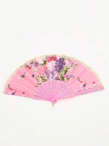 1pc Decorative Printed Fabric Fan With Gold Lace, Foldable And Portable For Dancing - Multicolor - View 8